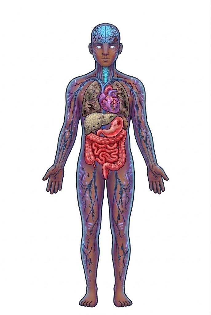 Anatomical illustration of a human figure with visible veins and internal organs