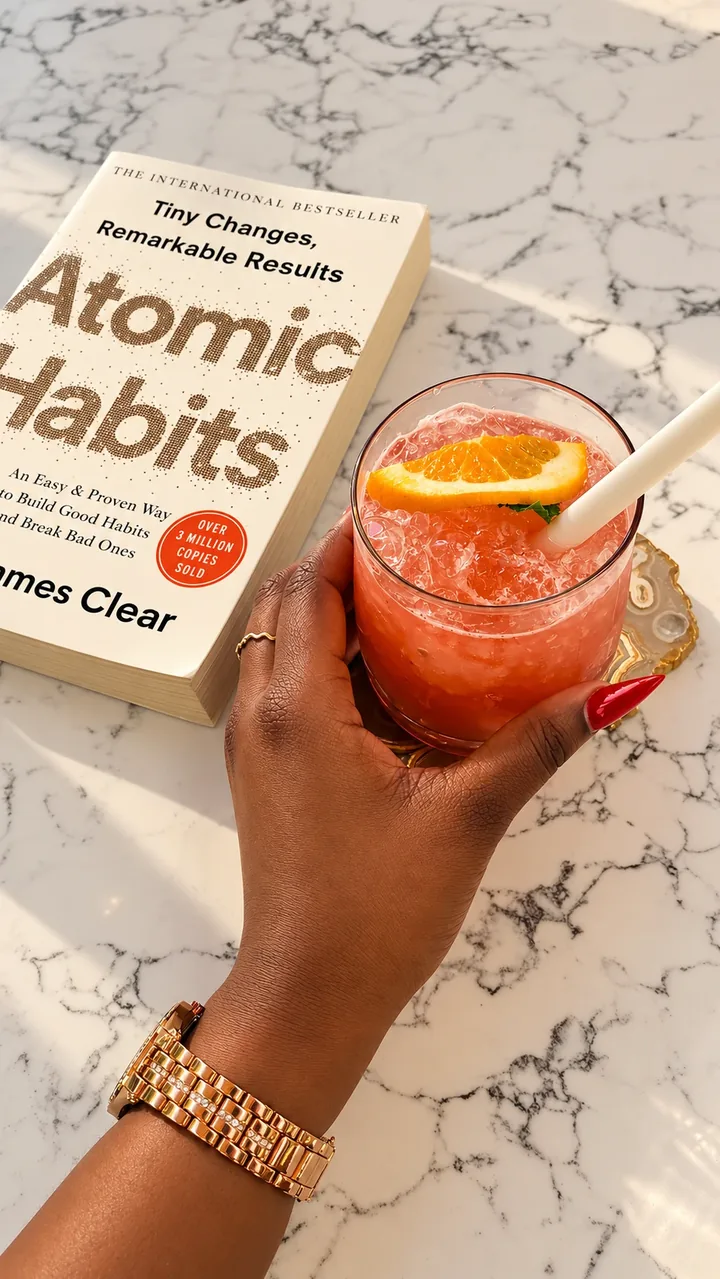 A hand holding a pink mocktail with an orange slice, mint and a white straw, next to a copy of the book Atomic Habits on a marble counter