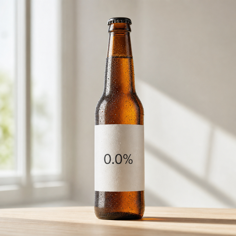 Brown bottle of non-alcoholic beer labeled 0.0 percent