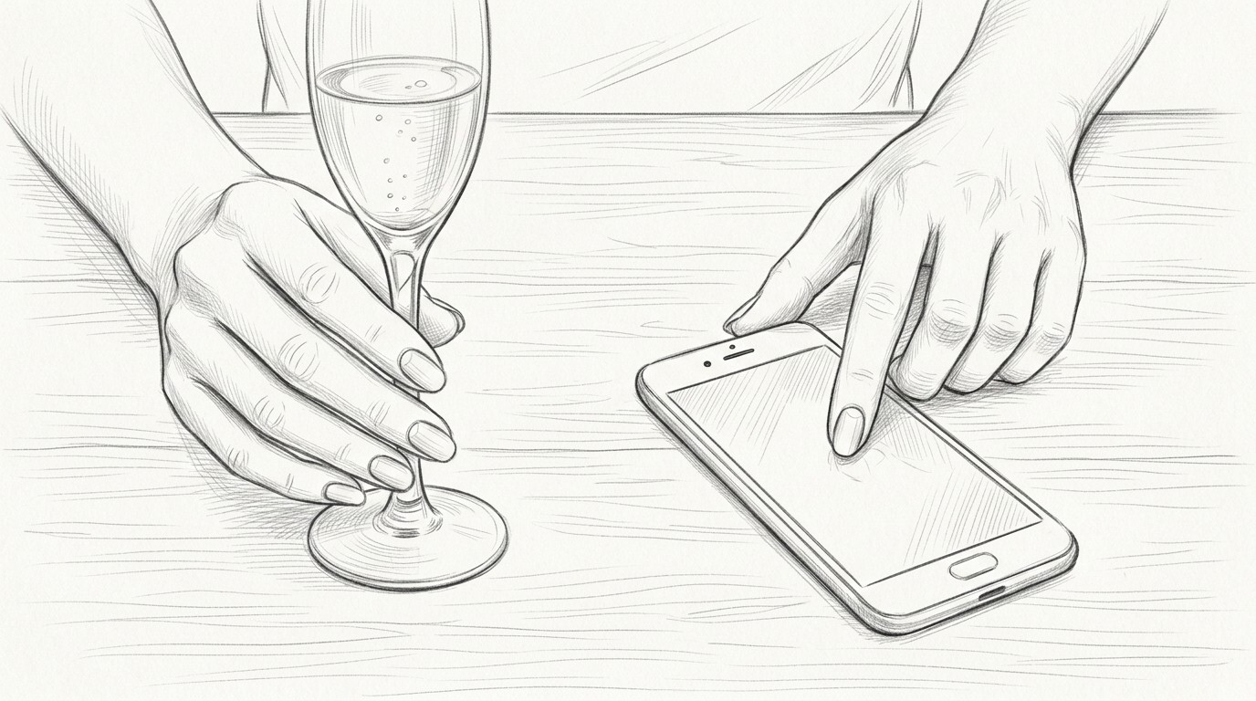 Pencil sketch of two hands, one setting down a champagne glass, the other reaching for a phone